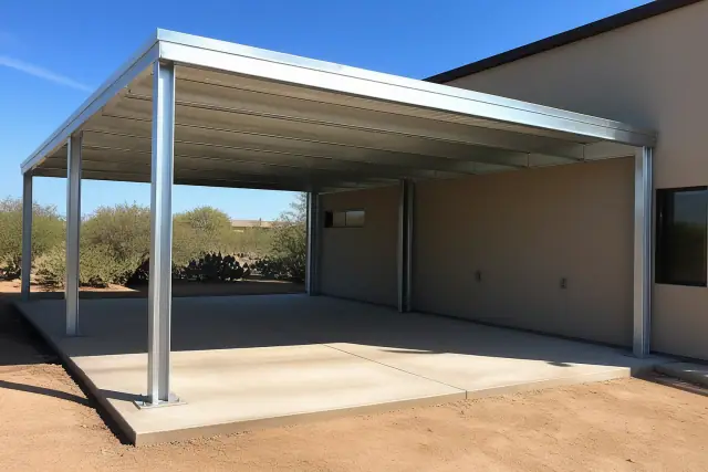 Newly installed metal carport on a concrete slab in Phoenix, AZ, with visible steel beams and nearby prickly pear cacti.