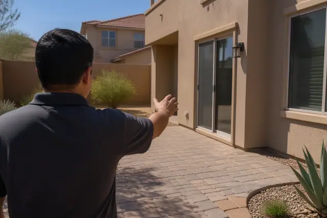 A professional surveys a residential patio for a new shade structure in Phoenix, AZ.