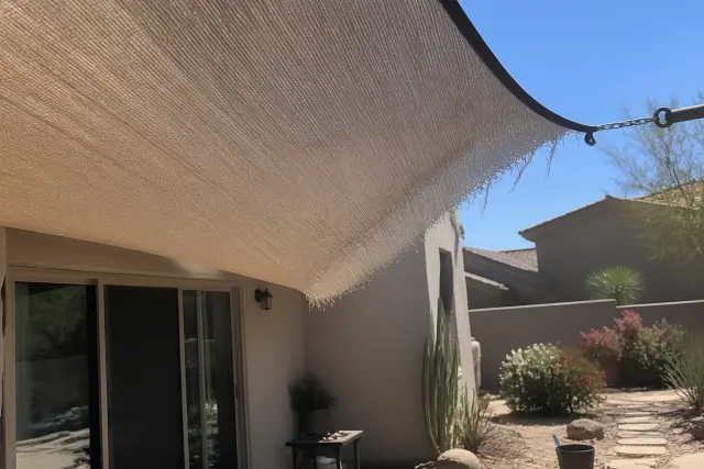 Frayed and sagging shade fabric on a residential patio in Phoenix, AZ, with xeriscaped landscaping in the background.