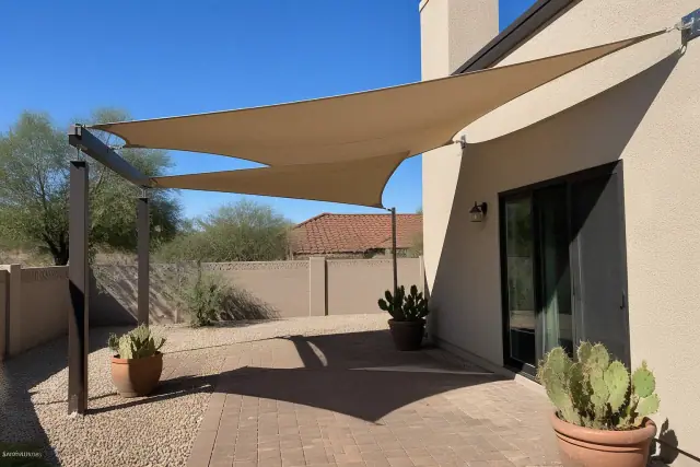 Fixed and adjustable shade sail structures installed over a paved patio in Phoenix, AZ, with potted prickly pear cacti.