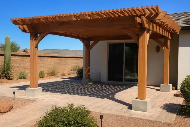 Freestanding wooden pergola installed on a stone patio in Phoenix, AZ, showing concrete footings and desert landscaping.