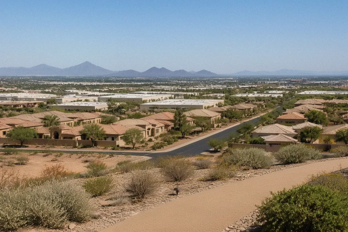 Elevated view of a residential suburban neighborhood with desert landscaping in Phoenix, AZ.