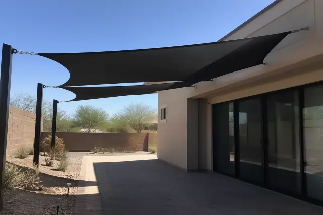 Knitted HDPE shade sails installed over a paved patio in Phoenix, AZ, with desert landscaping and sunlight.