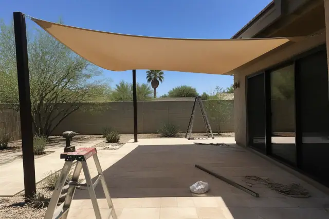 Rectangular shade sail installation over a stone pool deck in Phoenix, AZ.