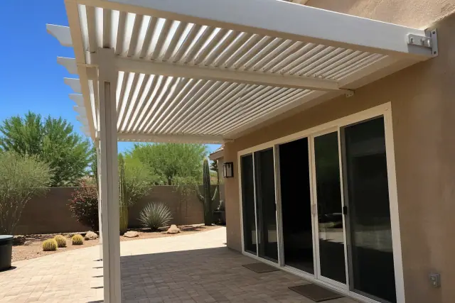 Louvered and retractable patio cover installed over a paved backyard area in Phoenix, AZ.