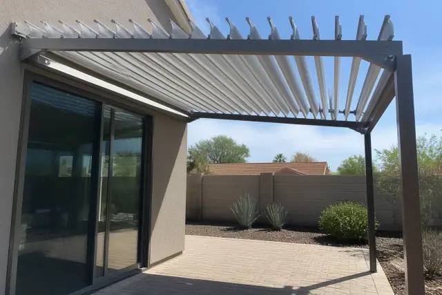 Louvered roof installation over a paved stone patio in a Mesa, AZ backyard with desert landscaping.