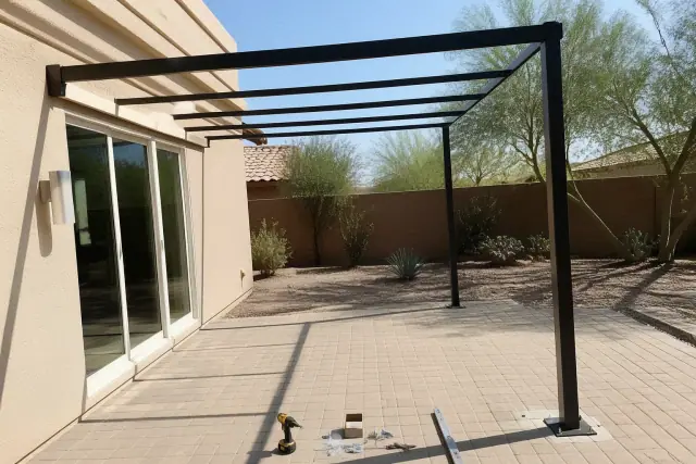 Louvered roof installation in progress on a stone patio at a home in Tempe, AZ.