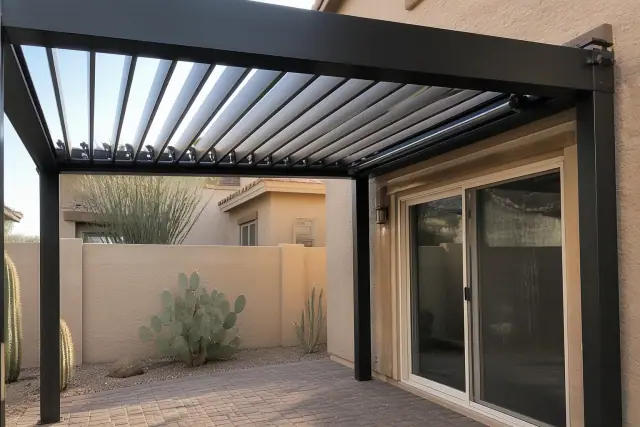 Louvered roof installation over a residential patio with a stone floor and cacti in Goodyear, AZ.