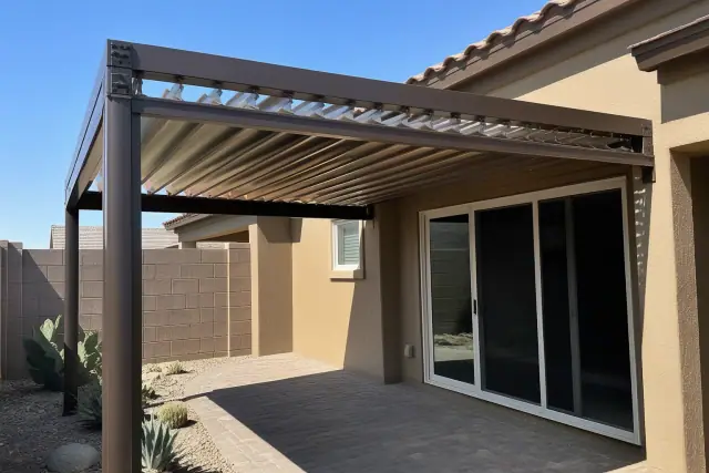 Louvered roof installation over a paved residential patio in Surprise, AZ, showing open metal slats and side tracks.