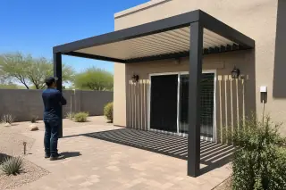 Aluminum louvered roof over a stone patio with a worker and desert landscaping in a Phoenix, AZ backyard.