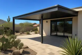 Metal louvered roof with closed panels over a stone patio and desert plants in a Phoenix, AZ backyard.