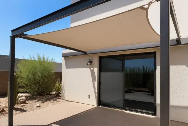 Tensioned shade fabric installed over a paved patio area next to a glass door in Phoenix, AZ.