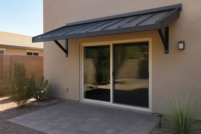 Metal awning installed over a residential backyard patio in Phoenix, AZ, with desert landscaping and a stucco wall.