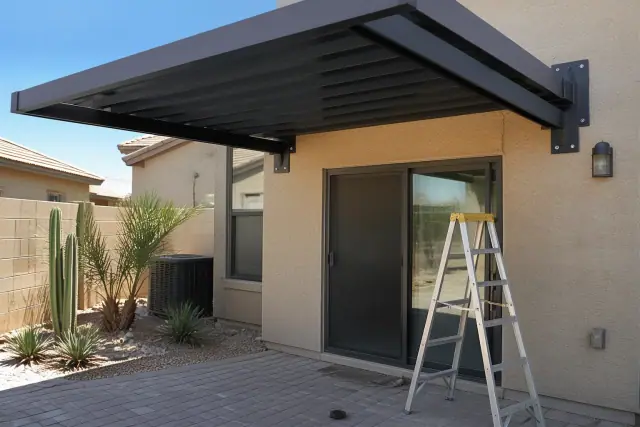 Metal awning installation above a patio sliding glass door at a residence in Mesa, AZ.