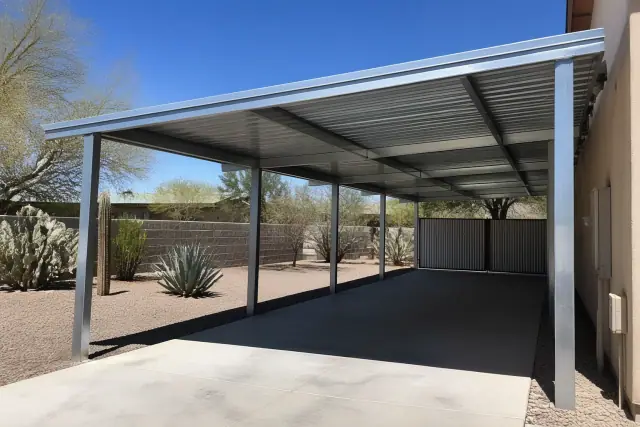 A metal carport installed on a concrete driveway with desert landscaping in Phoenix, AZ.