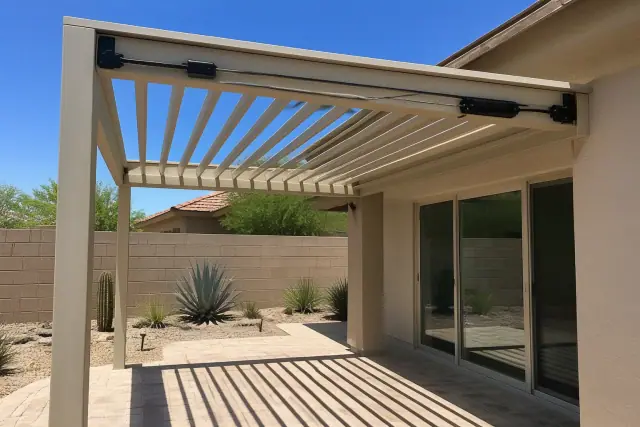 Partially open louvered roof panels and actuator motor on a residential patio in Phoenix, AZ.