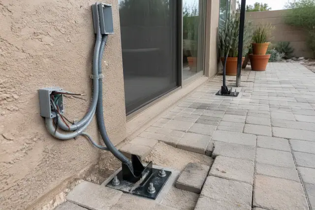 Motorized roof wiring and footing anchors for a patio project in Phoenix, AZ.