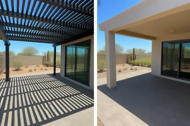 Paved stone patio next to a sliding glass door requiring shade in Phoenix, AZ.
