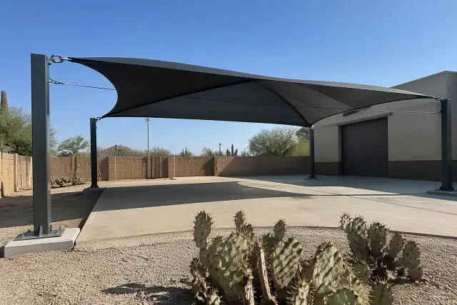 Commercial shade structures over a concrete parking pad with prickly pear cacti in Phoenix, AZ.