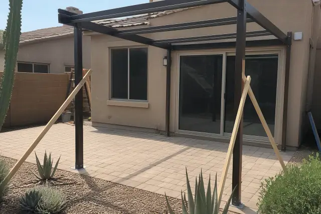 Aluminum patio cover frame being installed on a backyard patio in Peoria, AZ.