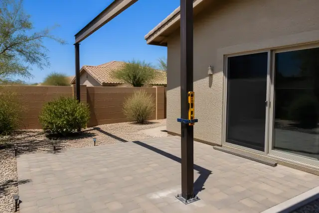Aluminum support post for a patio shade structure installation at a residential backyard in Goodyear, AZ.