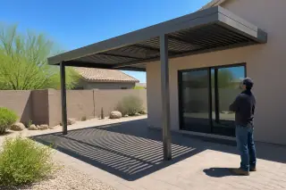 Technician inspecting an aluminum patio cover above a stone floor in a sunny Phoenix, AZ backyard.
