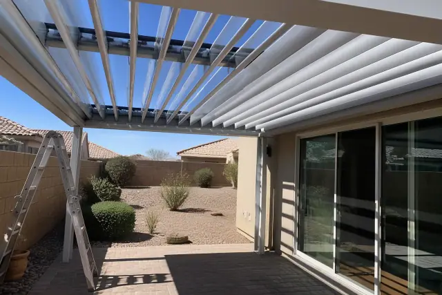 Louvered roof installed over a paved stone patio in a residential backyard in Phoenix, AZ.