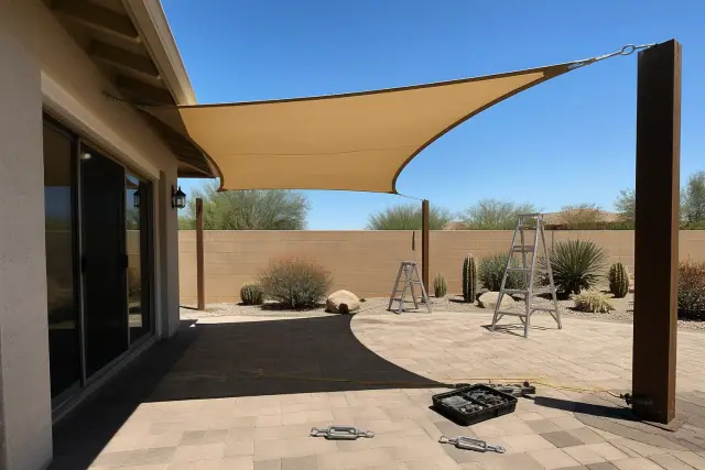 Patio shade sail installation in progress over a stone patio in Phoenix, AZ with desert landscaping.