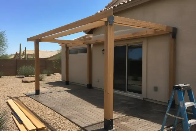 Pergola installation showing wood posts and metal brackets on a stone patio at a residential home in Surprise, AZ.