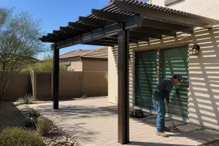 Technician cleaning up around a newly installed wooden pergola on a stone patio in a Phoenix, AZ backyard.