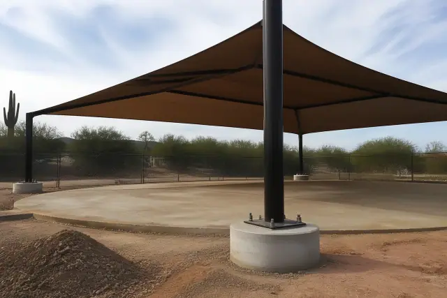 Steel shade structure with industrial bolts in a desert playground in Phoenix, AZ.