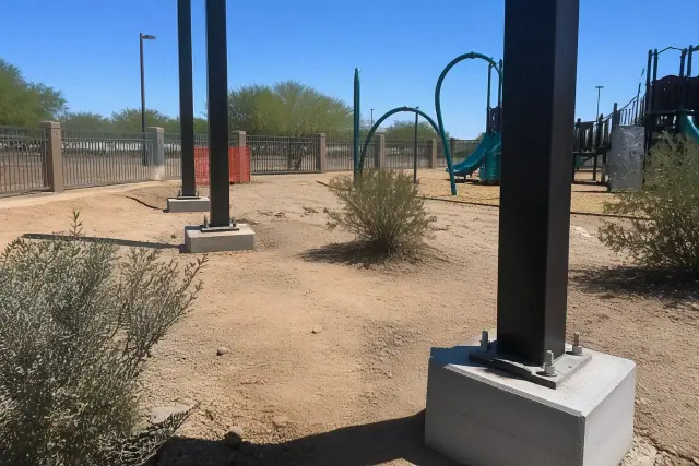 Steel playground shade structure support columns installed at a public park in Glendale, AZ.