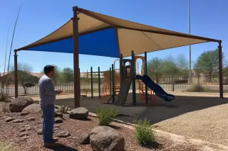 Technician inspecting fabric playground shade structures over climbing equipment in a Phoenix, AZ park.