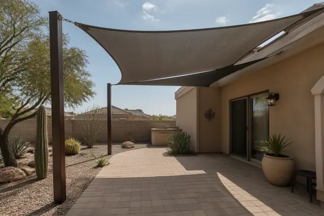 Tensioned shade sails installed over a paved patio at a home with xeric landscaping in Phoenix, AZ.