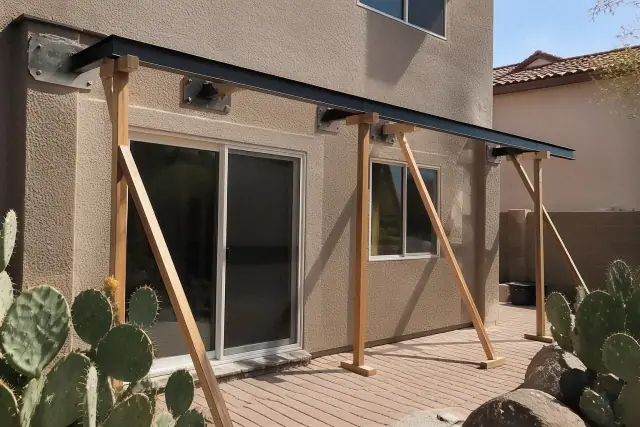 Steel mounting brackets on a residential patio wall during a construction project in Phoenix, AZ.