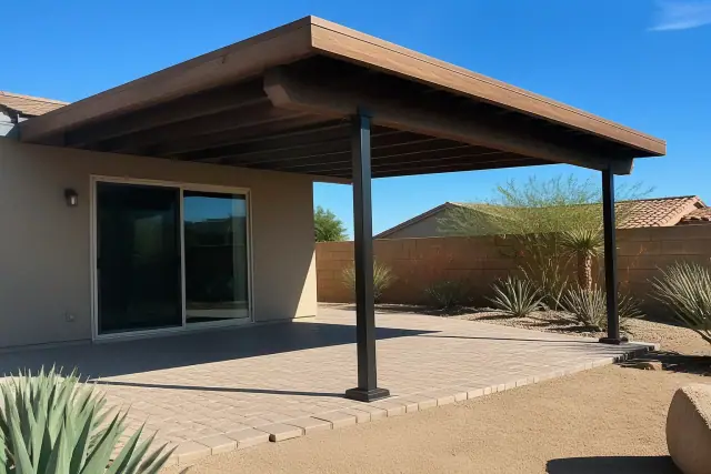 Steel ramada construction over a stone patio with desert landscaping in a backyard in Mesa, AZ.