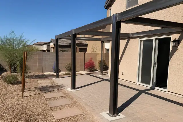 Steel support posts for a shade structure being installed on a paved patio in Goodyear, AZ.