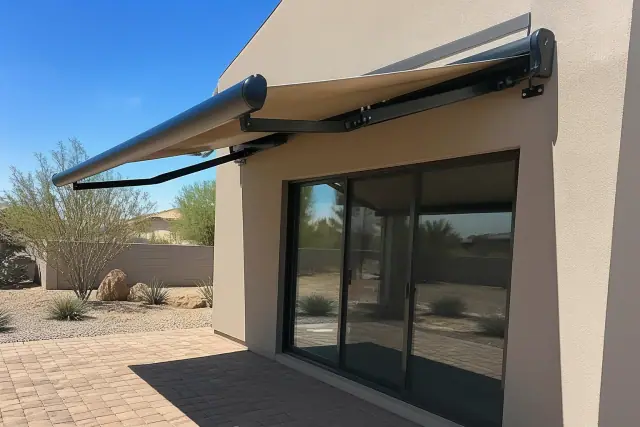 Motorized retractable awning installation above a sliding glass door at a home in Phoenix, AZ.