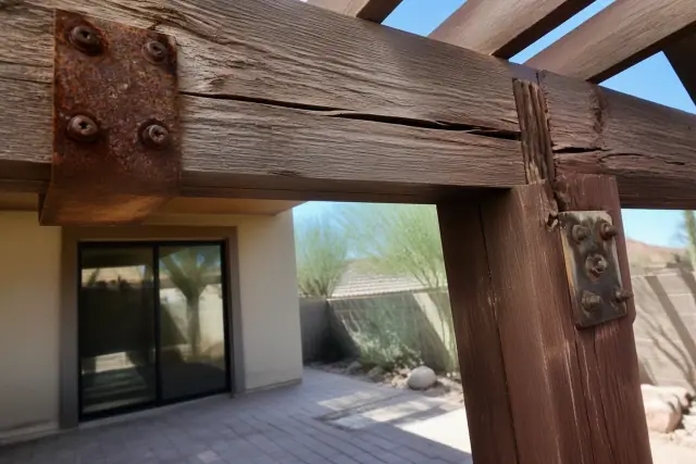 Close-up of rusted metal brackets, loose anchors, and cracked timber joints on a backyard patio in Phoenix, AZ.