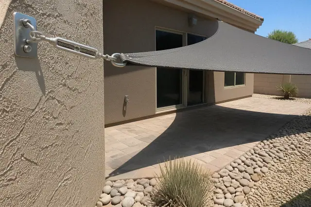 A shade sail installation over a stone patio in a Goodyear, AZ backyard with desert landscaping and a metal anchor.