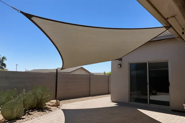 Shade sail installed over a stone patio in a residential backyard with desert landscaping in Phoenix, AZ.