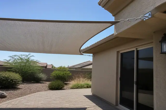 Shade sail installed over a residential stone patio in Peoria, AZ, showing steel turnbuckle anchors on the roof fascia.
