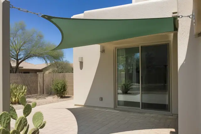 Shade sail installation over a residential patio in Scottsdale, AZ, featuring taut fabric panels and cactus landscaping.