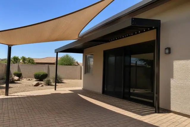 Shade sails and metal awnings installed over a stone patio in a xeriscaped backyard in Phoenix, AZ.
