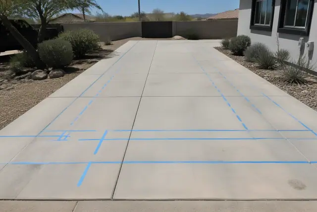 Site plan with setbacks and utility easements marked in tape on a concrete slab at a Phoenix, AZ, construction site.
