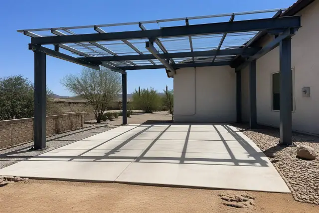 Solar-ready carport installation with mounting brackets and electrical conduit on a concrete pad in Phoenix, AZ.