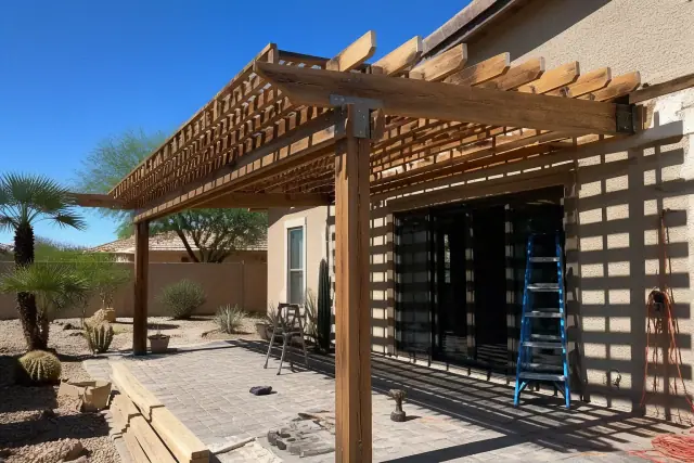 Unfinished wood framing for a patio cover installation over a paved stone patio in Phoenix, AZ.