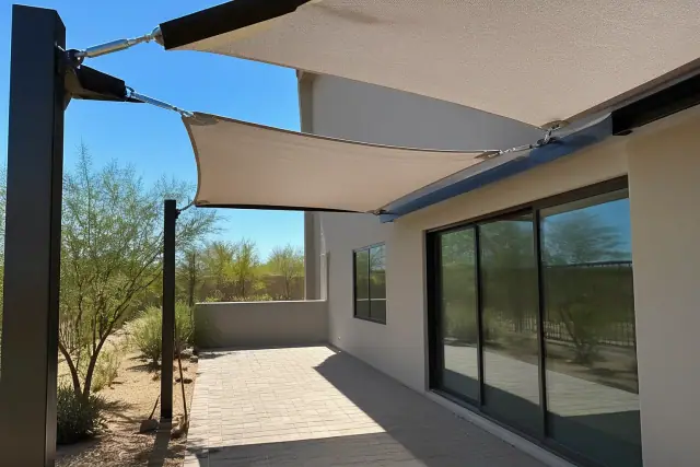 Tension cable fabric canopy providing shade over a paved stone patio in Phoenix, AZ.