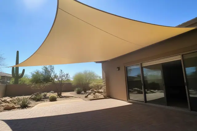 Waterproof PVC shade sails installed over a paved patio in Phoenix, AZ, with xeriscaped desert landscaping.