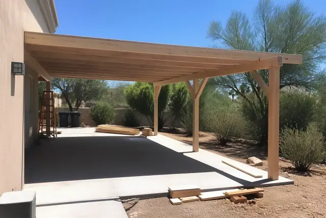 Wooden carport under construction on a concrete driveway in Phoenix, AZ.